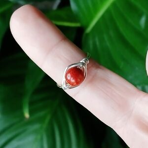 Red Apple Coral Wire Wrapped Ring, Silver Size 8.25 Boho Statement Upcycled